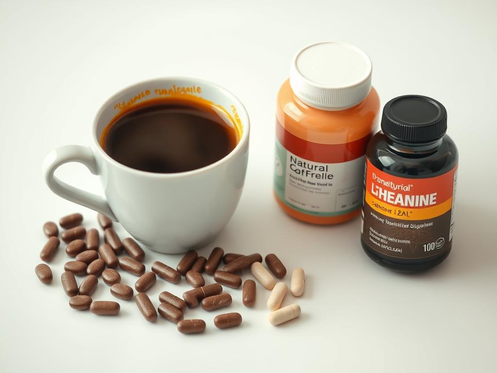 A cup of coffee next to caffeine pills representing natural nootropics