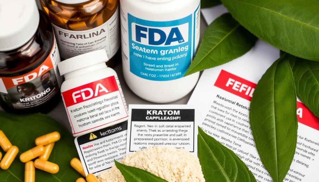 FDA warning label next to kratom products illustrating regulatory concerns