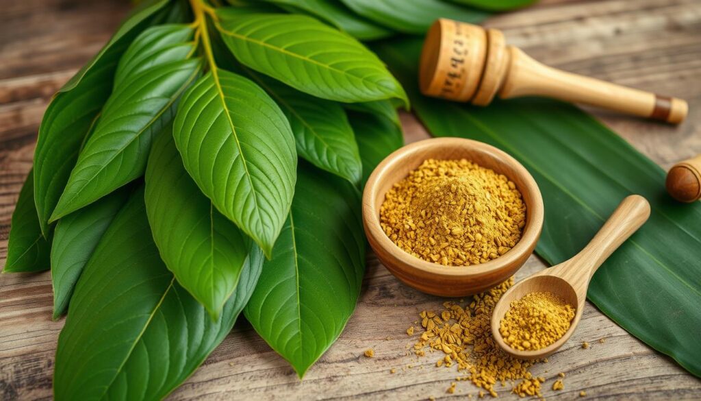 Kratom leaves and powder with traditional preparation tools