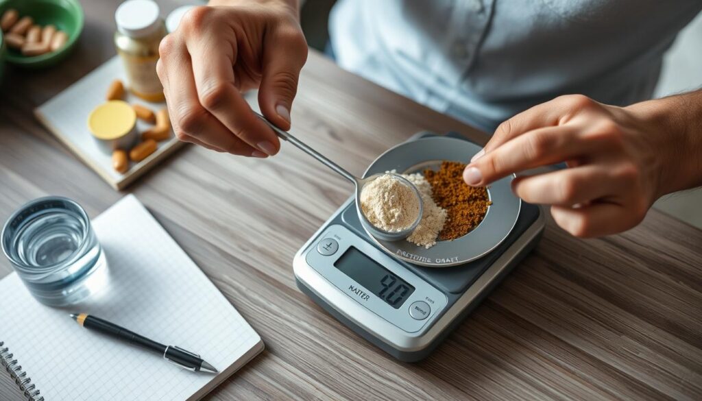Person carefully measuring nootropic powder with a digital scale and keeping records