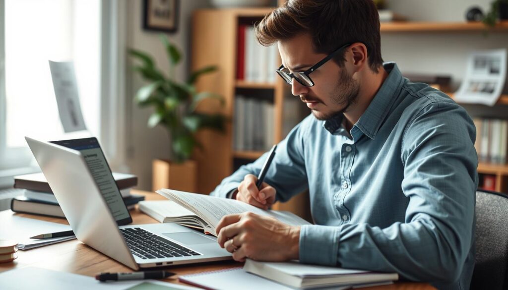 Person reading research papers about nootropics while taking notes