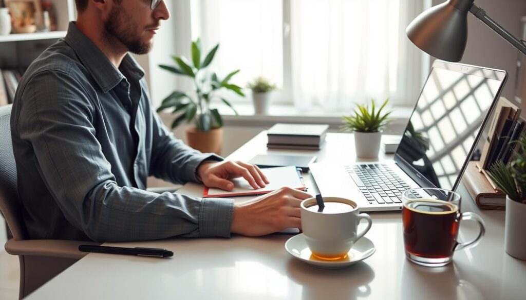 Person working productively at a desk with a cup of kratom tea