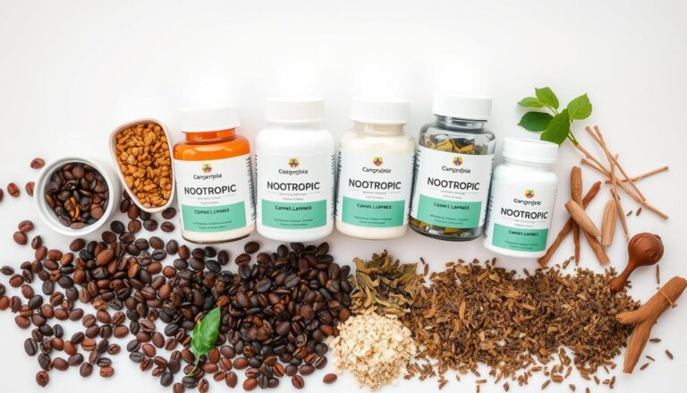 Various nootropic supplements and natural nootropic sources including coffee, pills, and plant extracts
