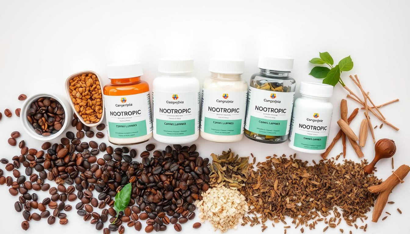 Various nootropic supplements and natural nootropic sources including coffee, pills, and plant extracts
