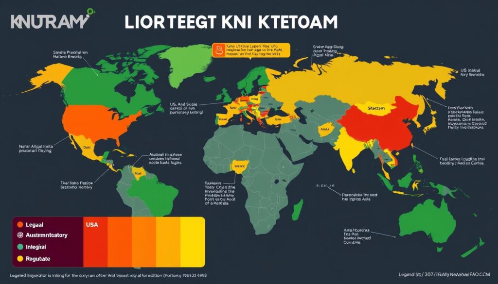 World map showing kratom legal status in different countries with color coding