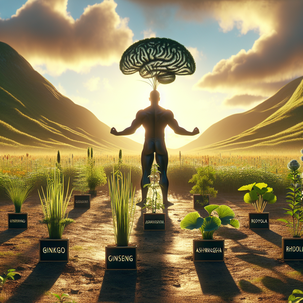 Visualize a tranquil scene in an outdoor setting with various herbs sprouting from ground, bathed in the gentle glow of early morning sunlight. The herbs are identified by small plaques at their base, each bearing a different name - Ginkgo, Ginseng, Ashwagandha, and Rhodiola - all known for their nootropic properties. In the background, a hill stretches upwards, culminating in a silhouette of a powerfully-built Middle-Eastern male, his arms outstretched towards the sky, symbolizing peak physical performance. Overhead, a sky filled with clouds shaped like a brain, subtly hinting at mental acuity.
