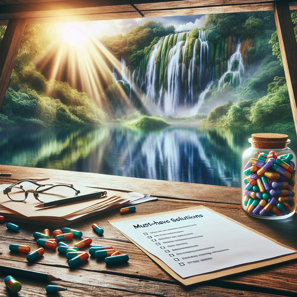 Picture this: a tranquil scene encapsulating the concept of motivation and stress relief in the context of nootropics. In the foreground, visualize a sheet of paper on a wooden desk bearing a list titled 'Must-Have Solutions'. Beside it, a glass jar filled with different colored capsules, denoting various nootropics. In the background, a peaceful and serene scene - perhaps an indoor waterfall highlighting the idea of tranquility, symbolizing stress relief. Finally, a shaft of sunlight dramatically shines on the desk, emphasizing the motivational aspect in the scenery.