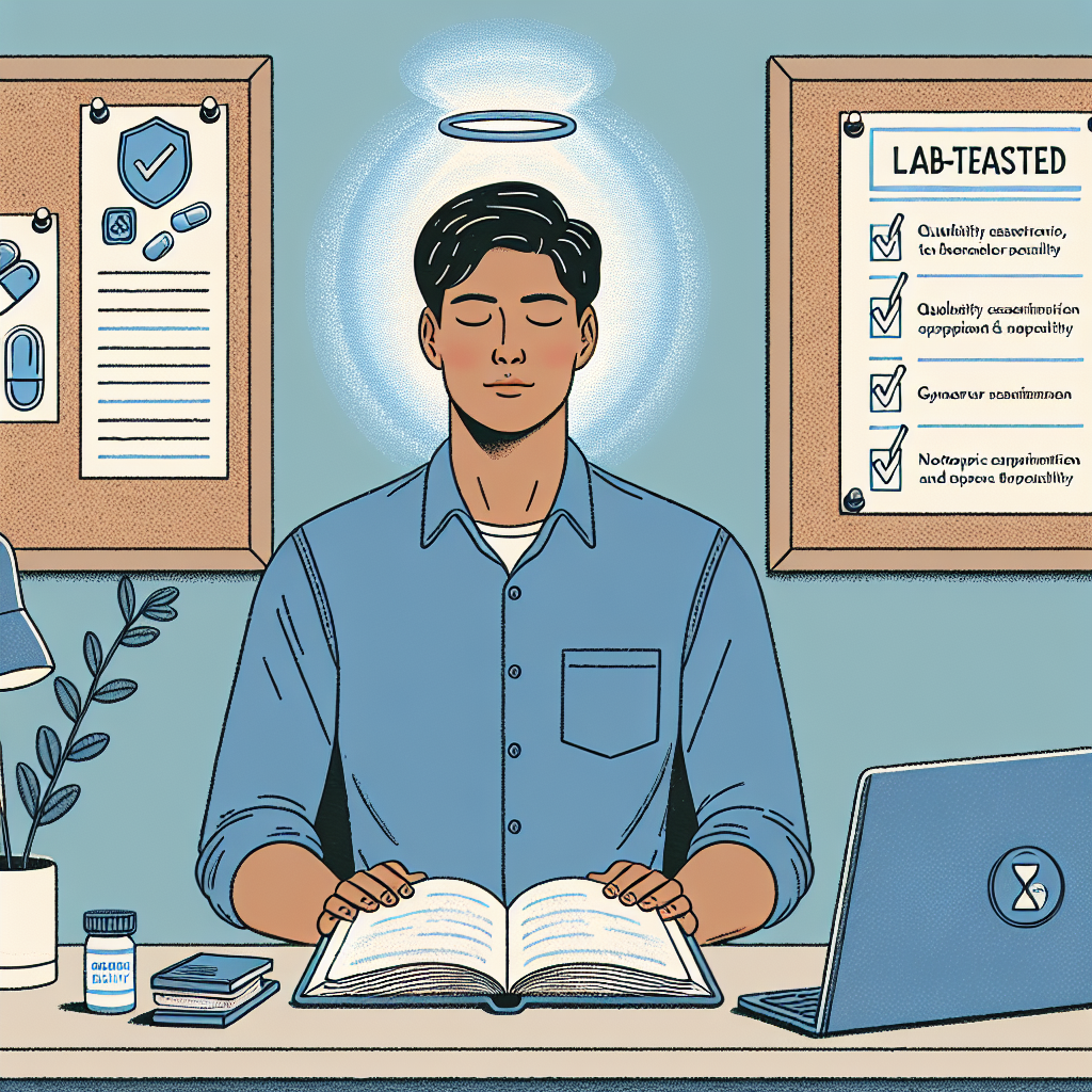 An illustration of a calm, focused individual of South Asian descent, sitting in an office setting with a book and a computer in front of them. Around them is a soothing, light blue aura that signifies mental clarity and serenity. Pinned on a corkboard behind them, there is a list titled 'Lab-Tested Nootropics'. The list features illustrated, labeled diagrams of various nootropic capsules with a check mark next to each, representing the quality assurance and lab testing process. To signpost the person's gender equality awareness, feature a 'Gender Equality' sticker on their laptop.